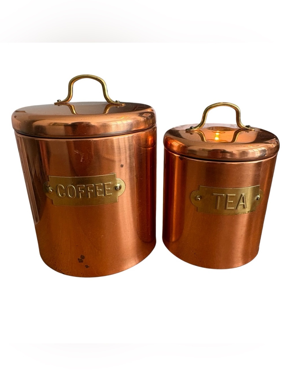 Vintage Copper Coffee & Tea Storage Canisters Brass Labels/Handles European